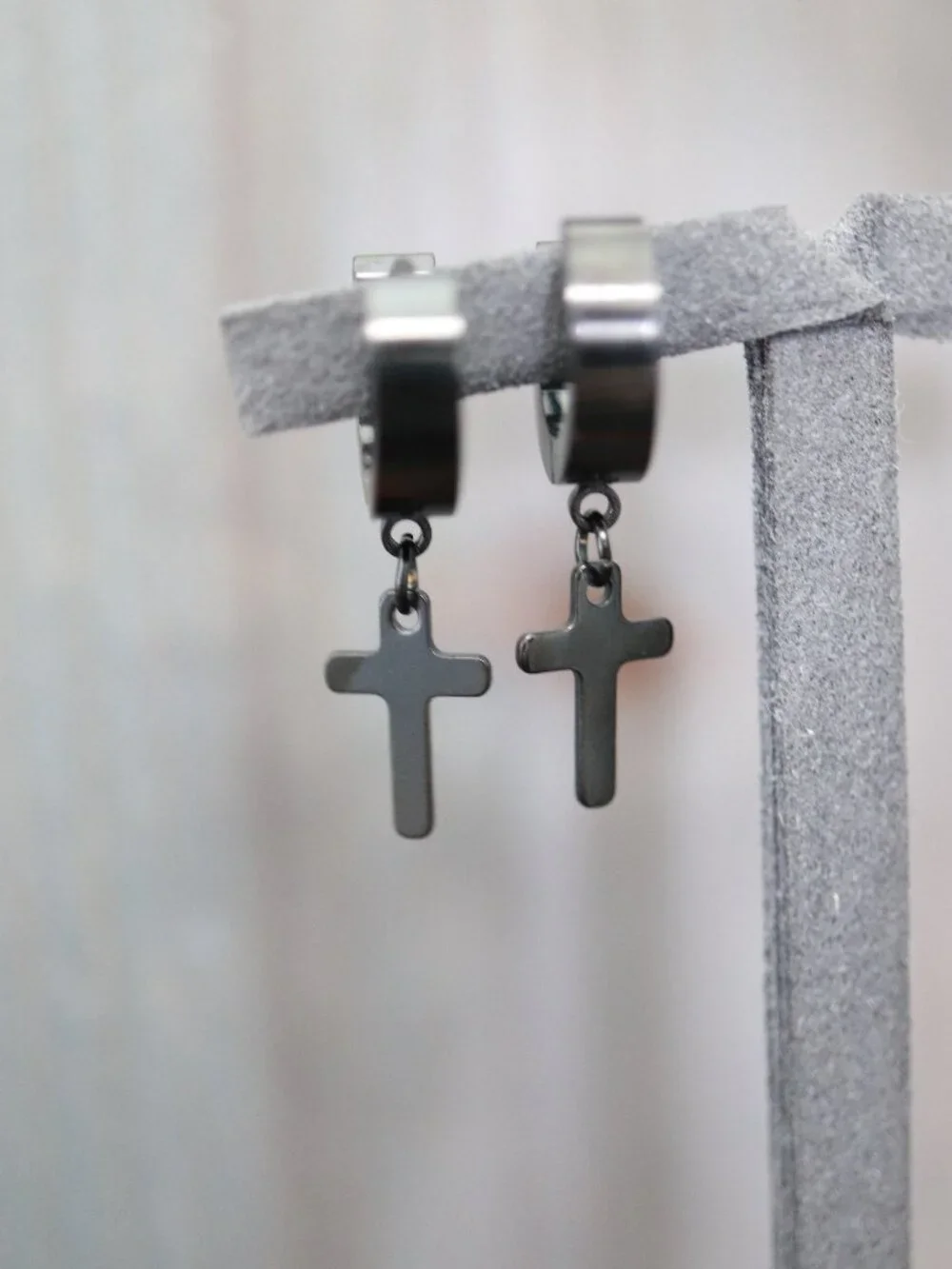 10mm Cross Charm Huggie Dangling Earrings Black Stainless Steel